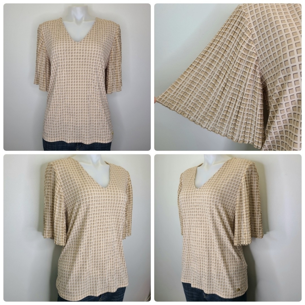 Calvin Klein Beige Checkered Square Print Accordion Pleated Sleeve Top Medium